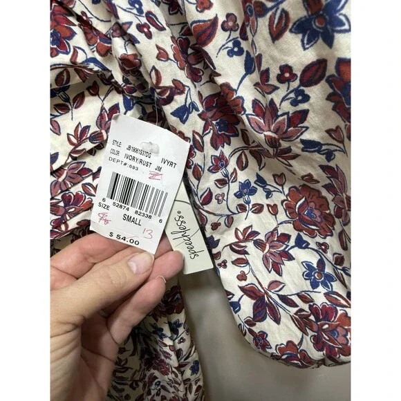 Speechless Rust Ivory Floral Puff Sleeve Mini Boho Cottagecore Pockets Sz S - Picture 6 of 6